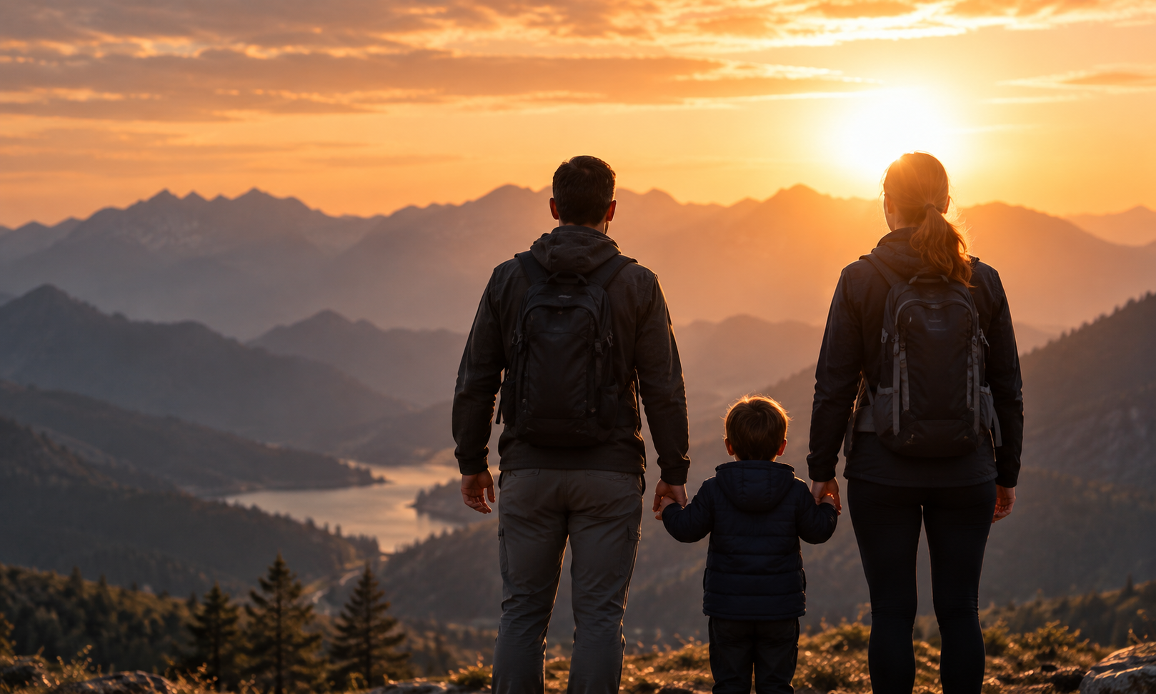 Family looking toward the sunset